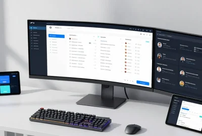 IPTV reseller panel dashboard in a modern workspace, showcasing cloud computing and digital management.