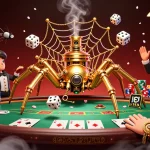 Engage in thrilling gameplay at ysl with a steampunk spider and Victorian fly amidst lively poker elements.