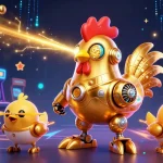 Engage in exciting gameplay at rikvip98 as golden rooster robot and chicks frolic around vibrant gaming machines.