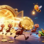 FLY88's animated heist scene showcases ants transporting a giant poker chip in a vibrant casino world.