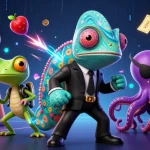 Experience the excitement with Sunwin Official at this lively casino scene featuring chameleon agents and vibrant slot games.